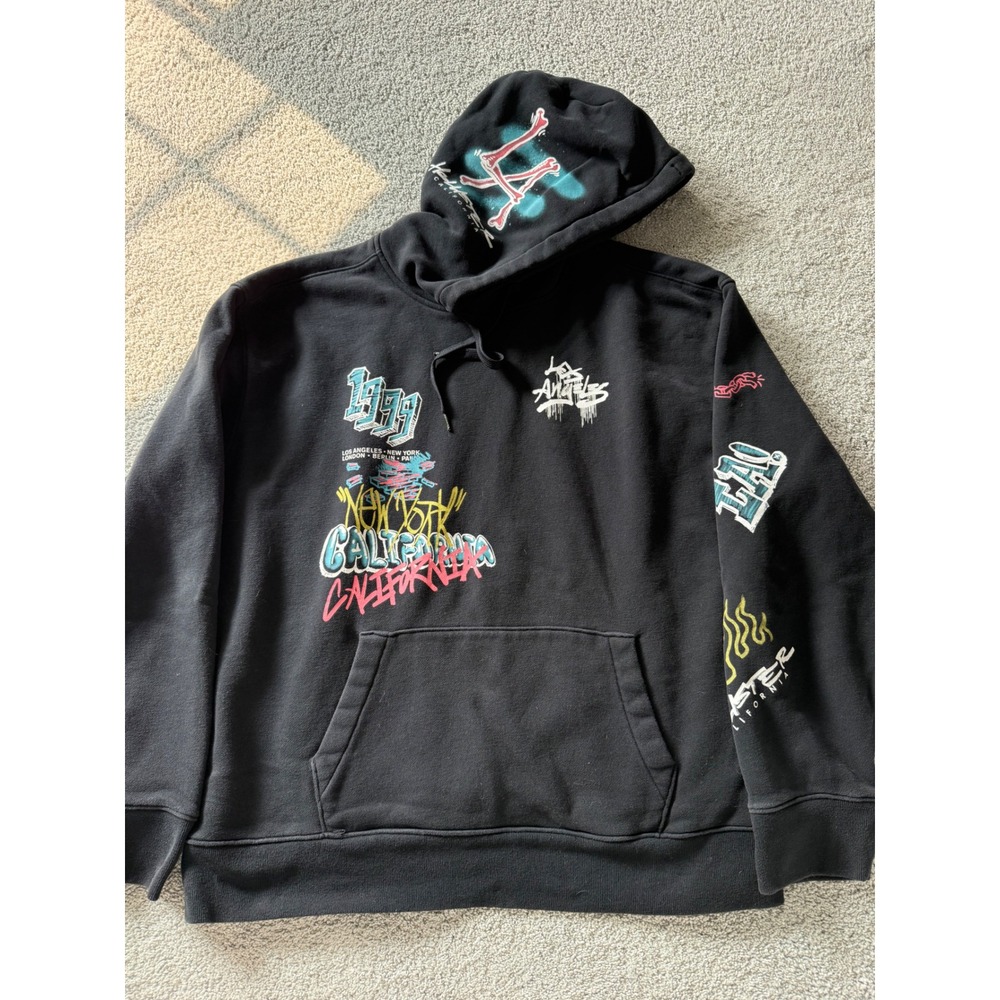 Hollister Mens Graffiti Graphic Hoodie Black Los Angeles Y2K XXL Streetwear